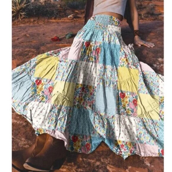 Plus Boho Floral Print Gingham Patchwork Stretchy Waist Maxi Skirt - Picture 1 of 3